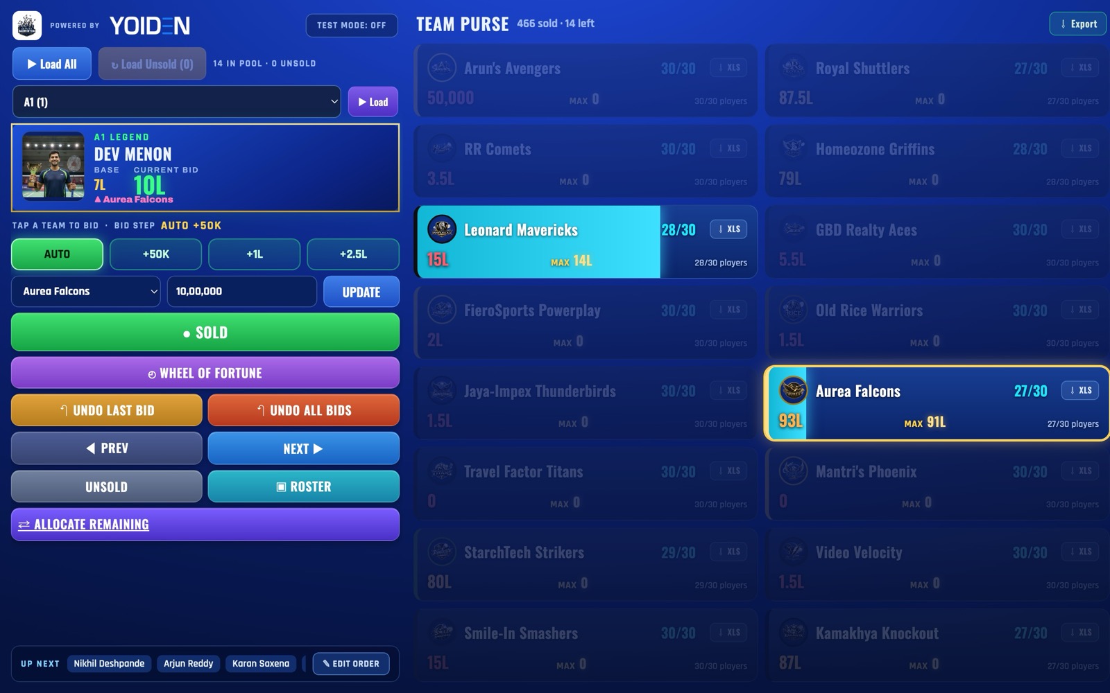Auctioneer control panel with team tiles, bid steps, SOLD, undo and wheel
